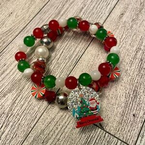 Holiday Bracelet Set of 2, Jade, Crystal with snow globe charm, silver accents,